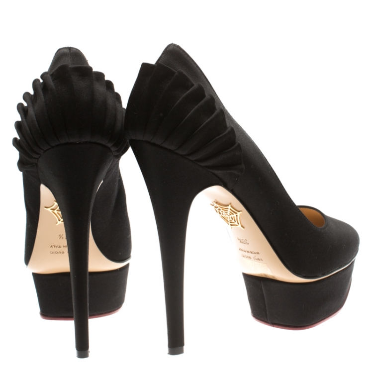 Pre Owned Charlotte Olympia Black Satin Paloma Fan Pleat Platform Pumps Size 38.5