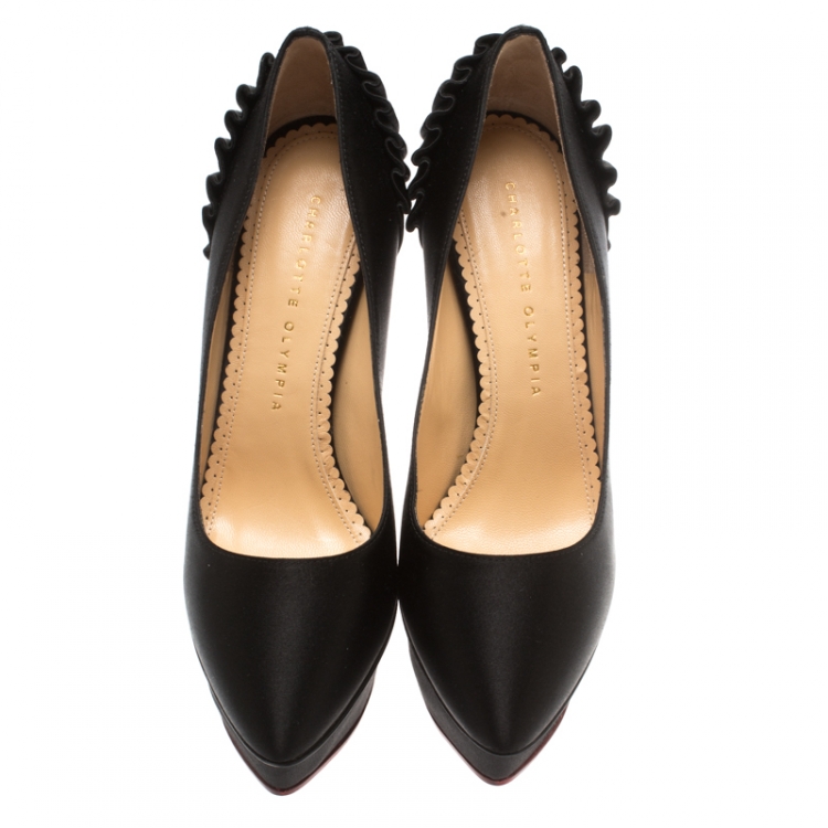 Pre Owned Charlotte Olympia Black Satin Paloma Fan Pleat Platform Pumps Size 38.5