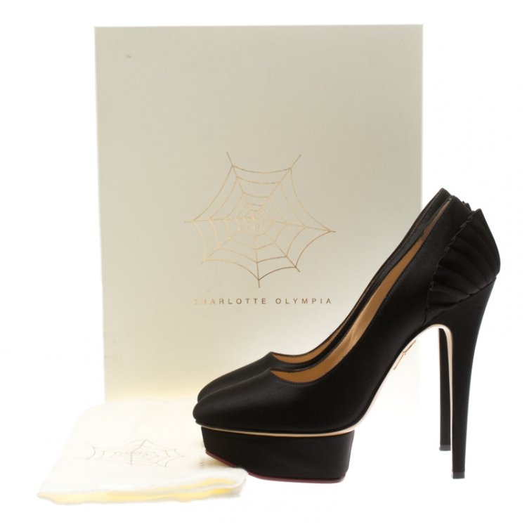 Pre Owned Charlotte Olympia Black Satin Paloma Fan Pleat Platform Pumps Size 38.5