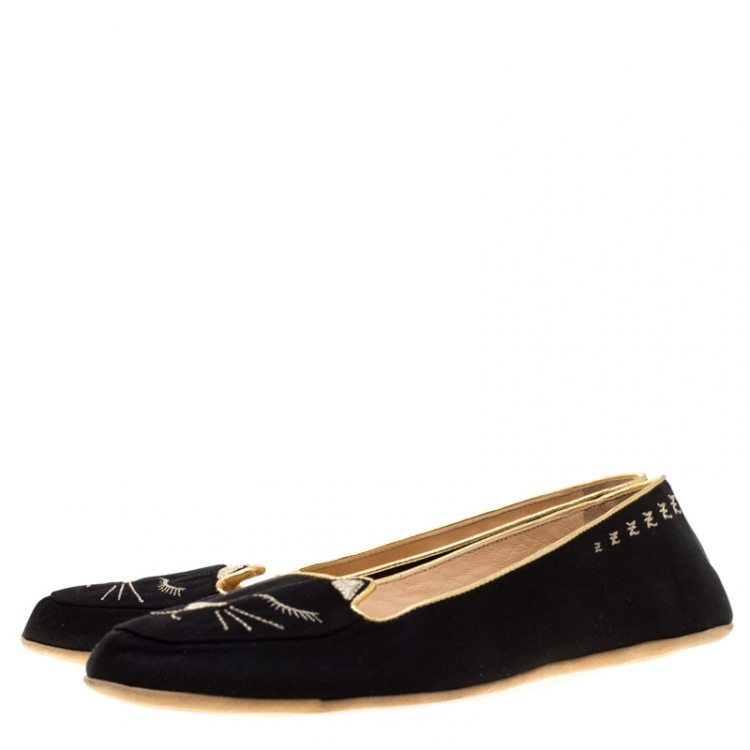Pre Owned Charlotte Olympia Black Satin Cat Nap Slipper Set M