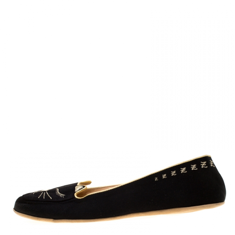 Pre Owned Charlotte Olympia Black Satin Cat Nap Slipper Set M