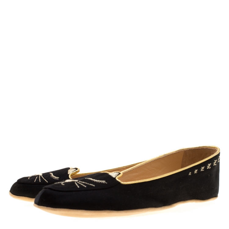 Pre Owned Charlotte Olympia Black Satin Cat Nap Slipper Set S