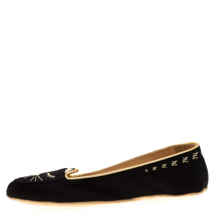 Pre Owned Charlotte Olympia Black Satin Cat Nap Slipper Set S