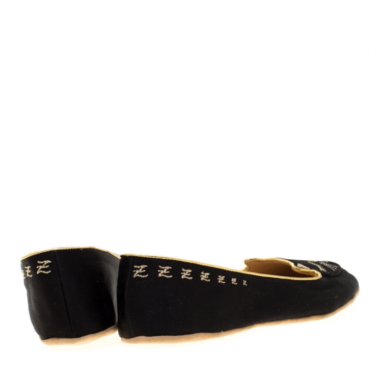 Pre Owned Charlotte Olympia Black Satin Cat Nap Slipper Set S