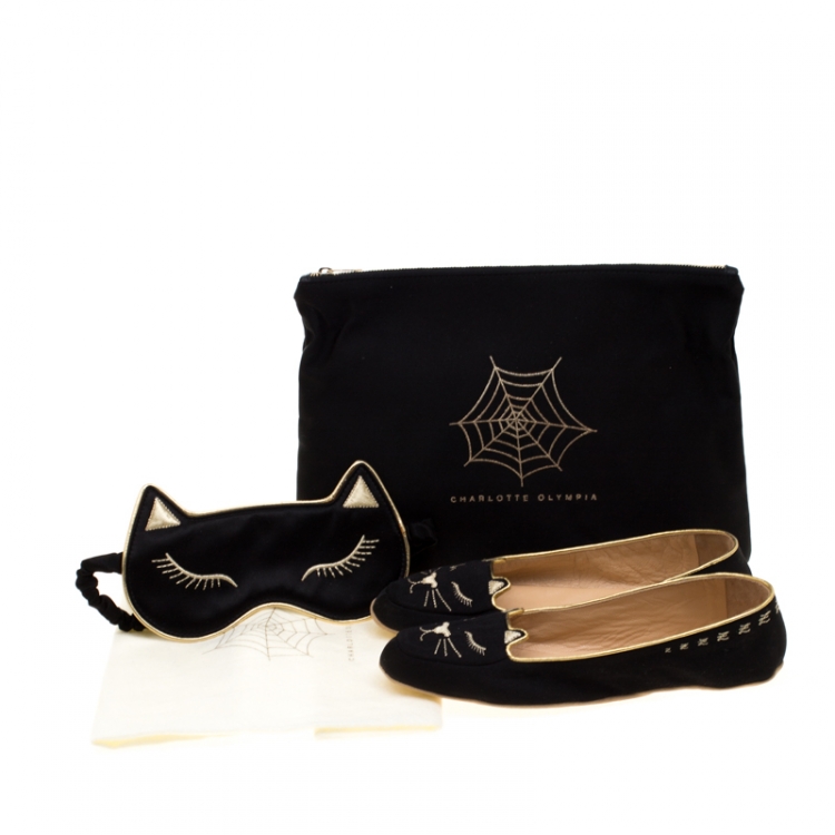 Pre Owned Charlotte Olympia Black Satin Cat Nap Slipper Set S