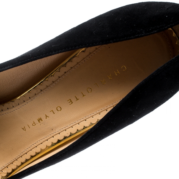 Pre Owned Charlotte Olympia Black Suede Dolly Platform Pumps Size 38.5