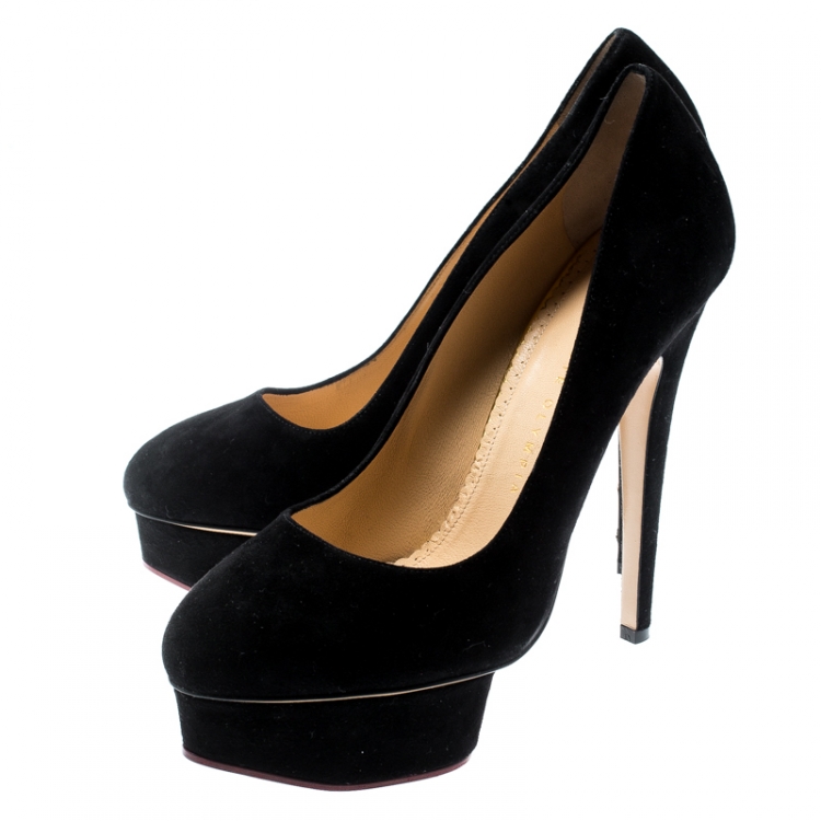 Pre Owned Charlotte Olympia Black Suede Dolly Platform Pumps Size 38.5