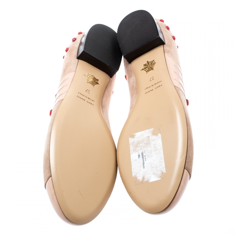 Pre Owned Charlotte Olympia Beige Suede And Patent Leather Embellished Manipedi Ballet Flats 37