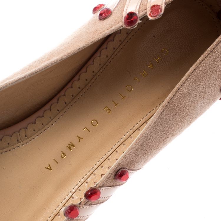 Pre Owned Charlotte Olympia Beige Suede And Patent Leather Embellished Manipedi Ballet Flats 37