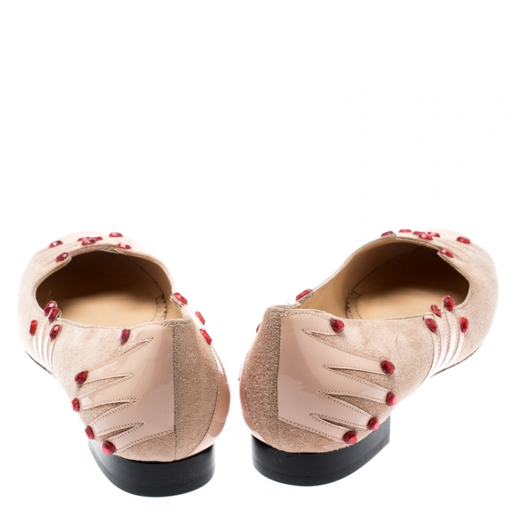 Pre Owned Charlotte Olympia Beige Suede And Patent Leather Embellished Manipedi Ballet Flats 37