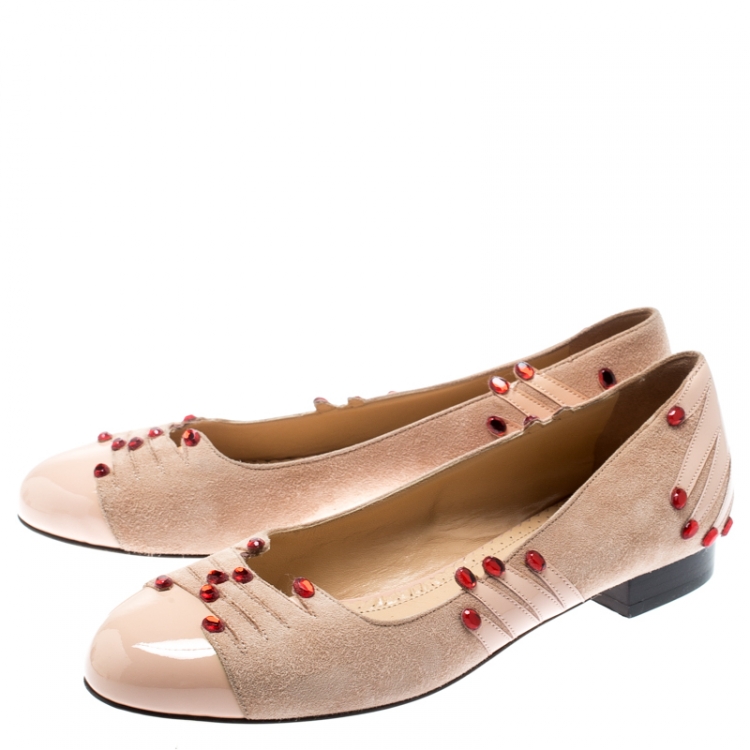 Pre Owned Charlotte Olympia Beige Suede And Patent Leather Embellished Manipedi Ballet Flats 37