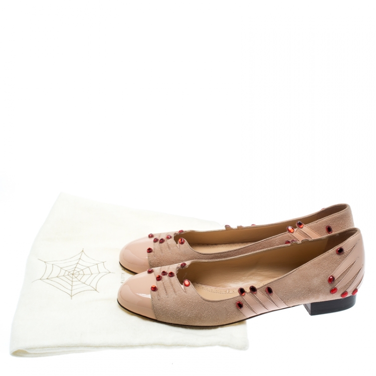 Pre Owned Charlotte Olympia Beige Suede And Patent Leather Embellished Manipedi Ballet Flats 37