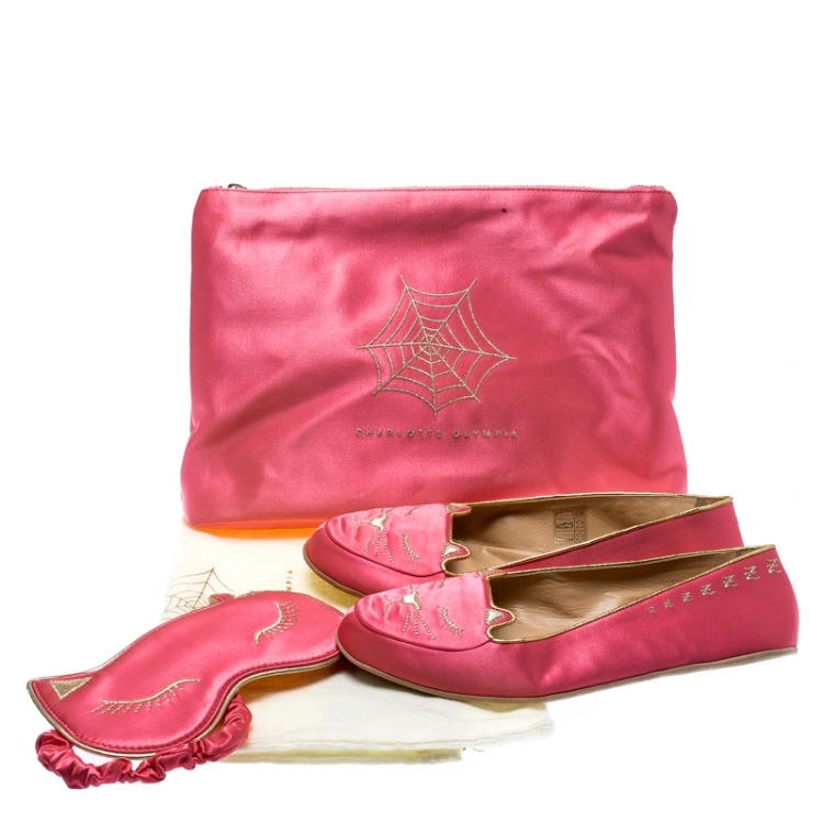Pre Owned Charlotte Olympia Pink Satin Cat Nap Slipper Set L