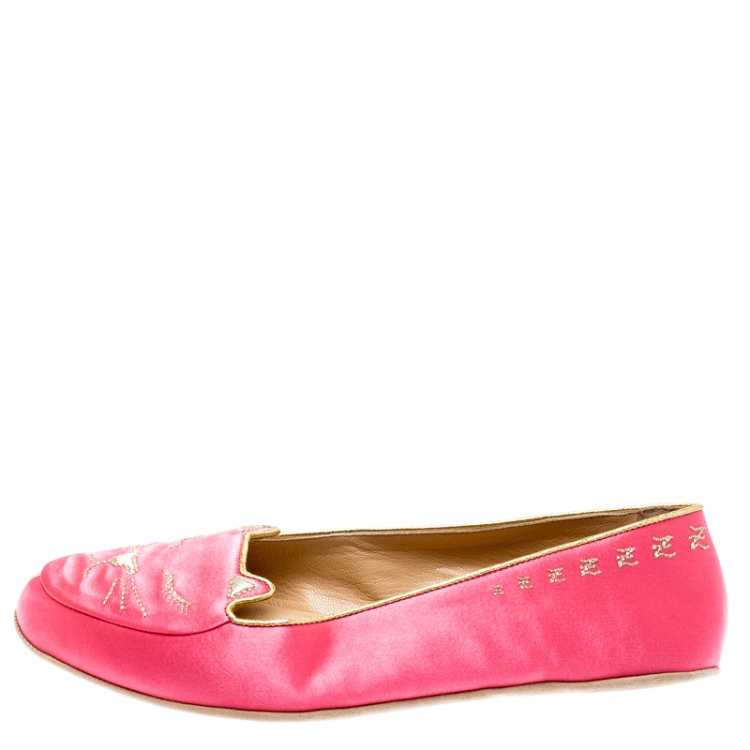 Pre Owned Charlotte Olympia Pink Satin Cat Nap Slipper Set L