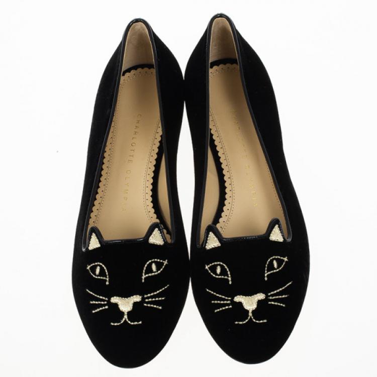 Pre Owned Charlotte Olympia Kitty Embroidered Velvet Flats Size 37