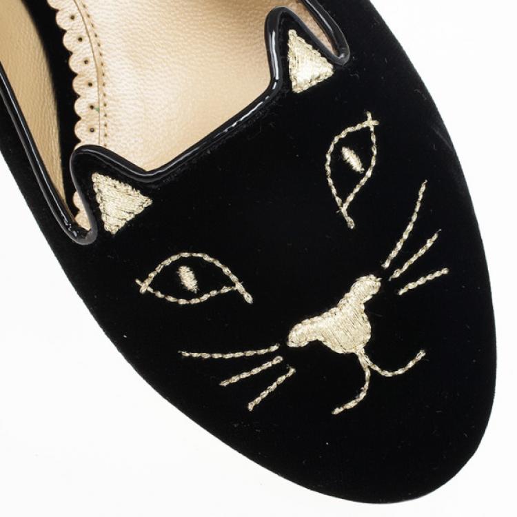 Pre Owned Charlotte Olympia Kitty Embroidered Velvet Flats Size 37