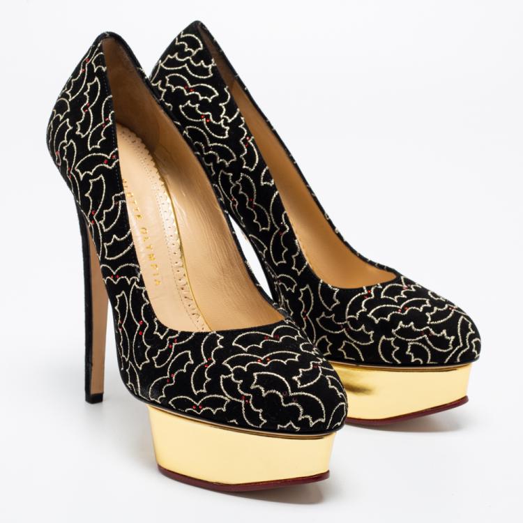 Pre Owned Charlotte Olympia Black Suede Midnight Dolly Bat Embroidered Platform Pumps Size 39