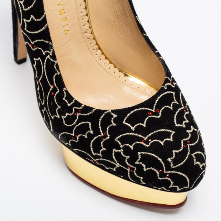 Pre Owned Charlotte Olympia Black Suede Midnight Dolly Bat Embroidered Platform Pumps Size 39