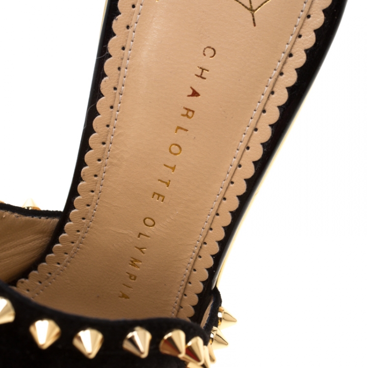 مملوكة مسبقًا Charlotte Olympia Black Suede Gail Embroidered Open Toe Wedge Sandals Size 39