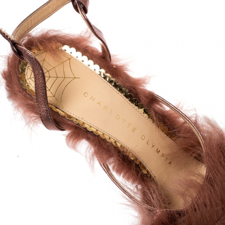 Pre Owned Charlotte Olympia Metallic Bronze Leather and Fur Caress Me Peep Toe Sandals Size 38 