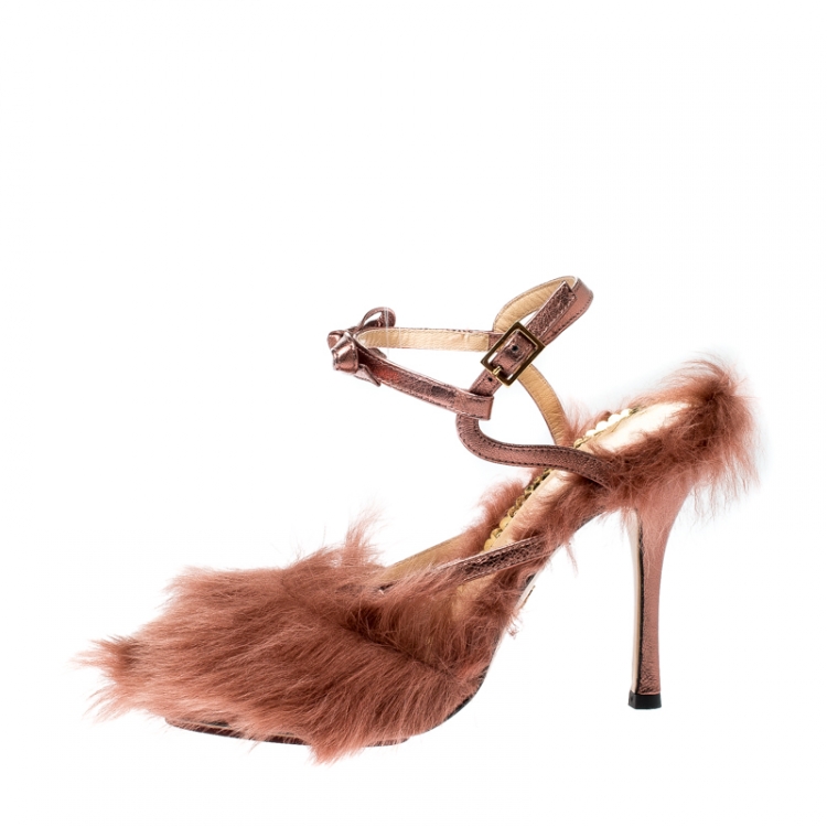 Pre Owned Charlotte Olympia Metallic Bronze Leather and Fur Caress Me Peep Toe Sandals Size 38 