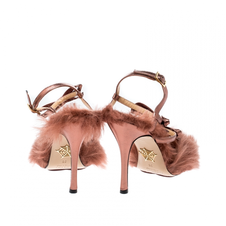 Pre Owned Charlotte Olympia Metallic Bronze Leather and Fur Caress Me Peep Toe Sandals Size 38 