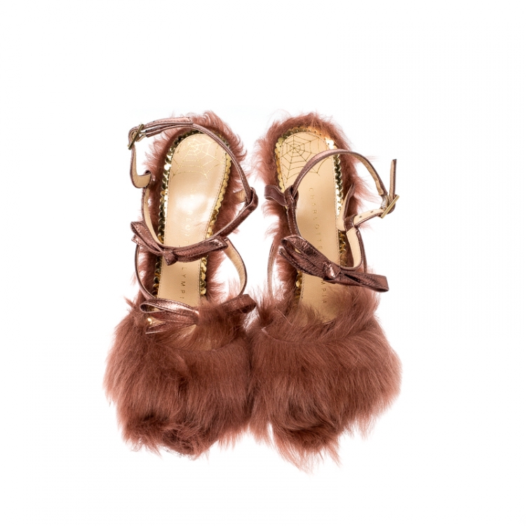Pre Owned Charlotte Olympia Metallic Bronze Leather and Fur Caress Me Peep Toe Sandals Size 38 