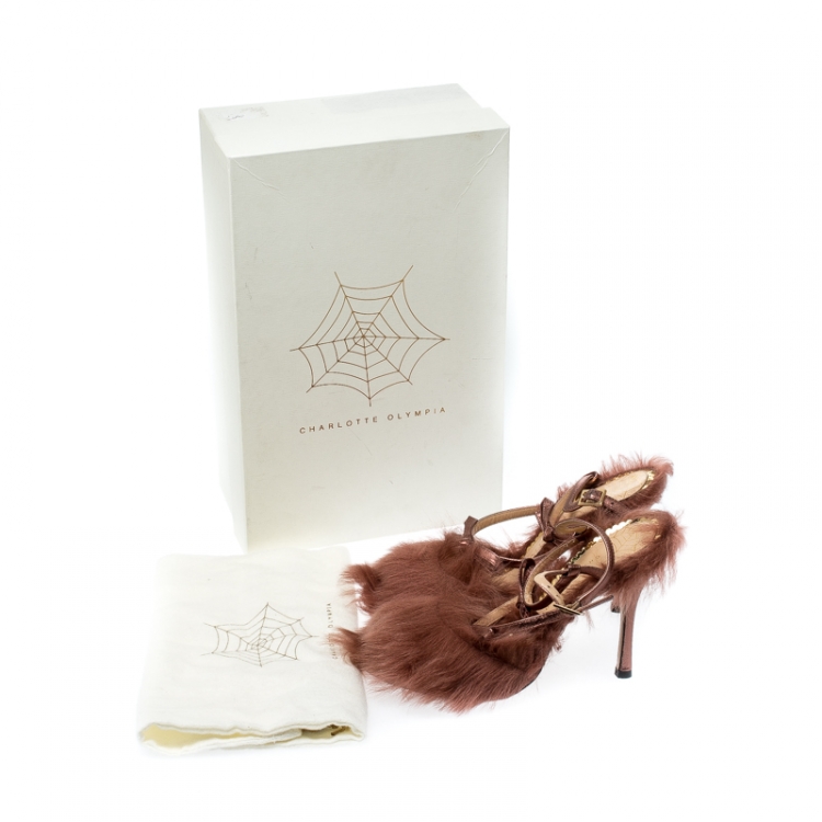 Pre Owned Charlotte Olympia Metallic Bronze Leather and Fur Caress Me Peep Toe Sandals Size 38 