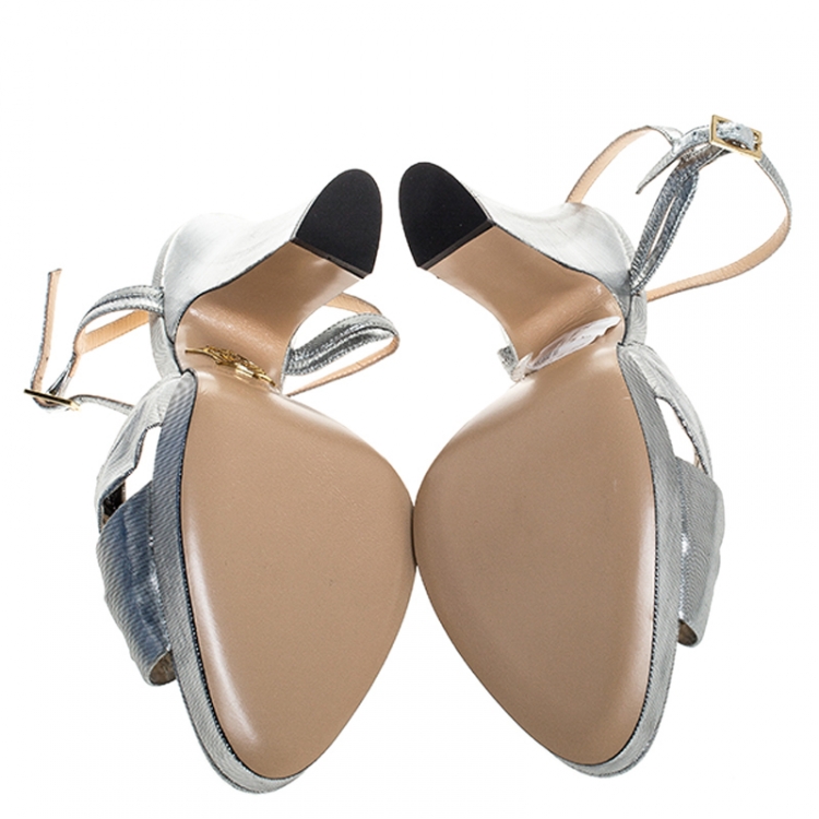 مملوكة مسبقًا Charlotte Olympia Metallic Silver Lame Fabric Farrah Knot Platform Sandals Size 40