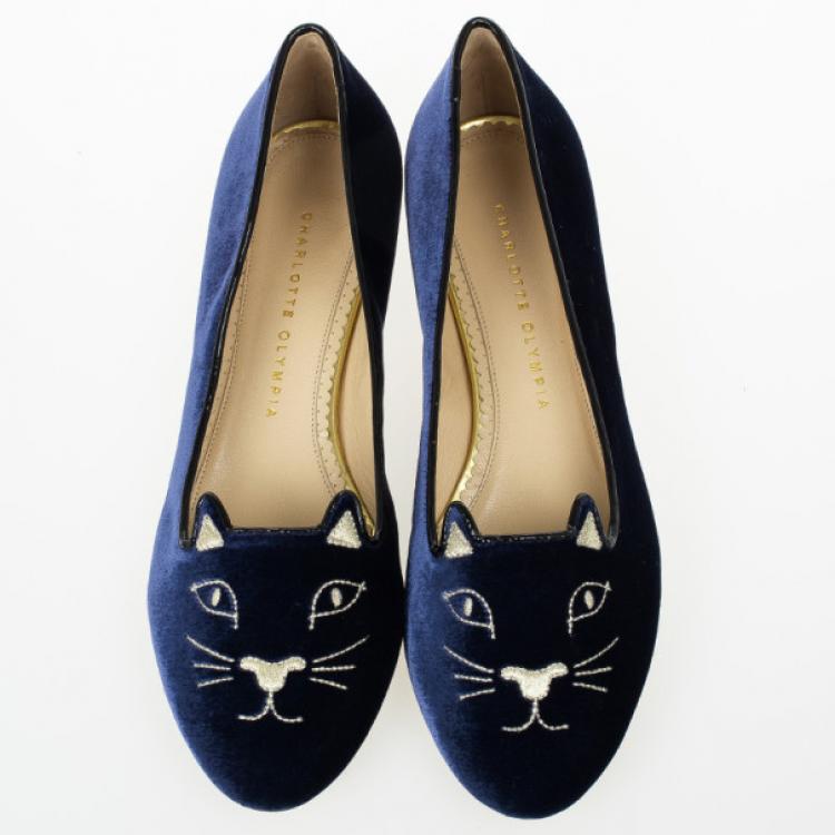 Pre Owned Charlotte Olympia Kitty Embroidered Velvet Flats Size 39.5