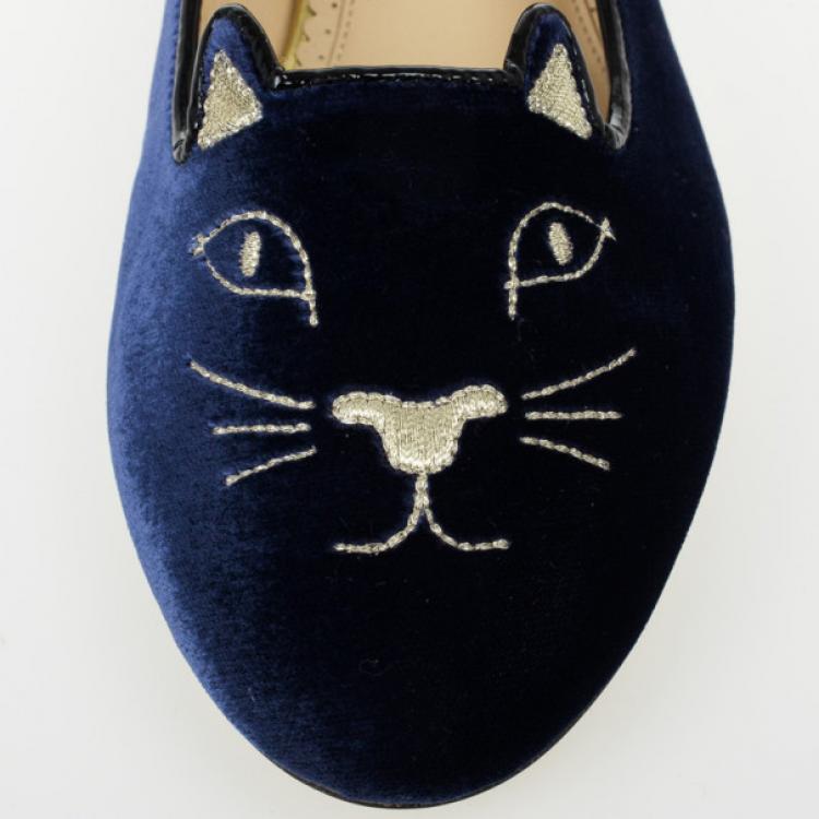 Pre Owned Charlotte Olympia Kitty Embroidered Velvet Flats Size 39.5