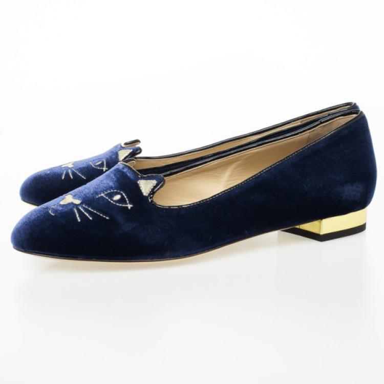 Pre Owned Charlotte Olympia Kitty Embroidered Velvet Flats Size 39.5