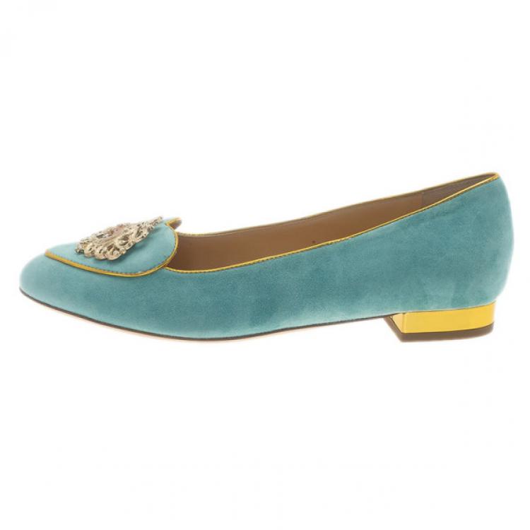 Pre Owned Charlotte Olympia Light Blue Suede Gemini Smoking Slippers Size 39.5