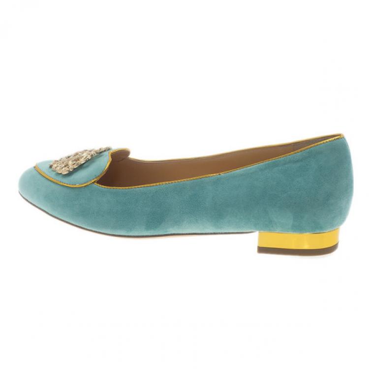 Pre Owned Charlotte Olympia Light Blue Suede Gemini Smoking Slippers Size 39.5