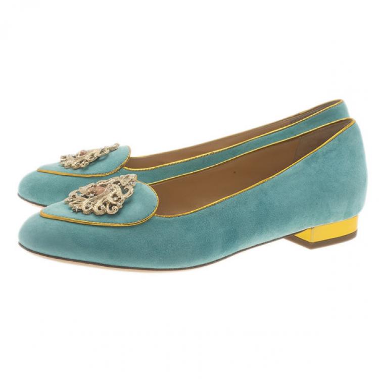 Pre Owned Charlotte Olympia Light Blue Suede Gemini Smoking Slippers Size 39.5