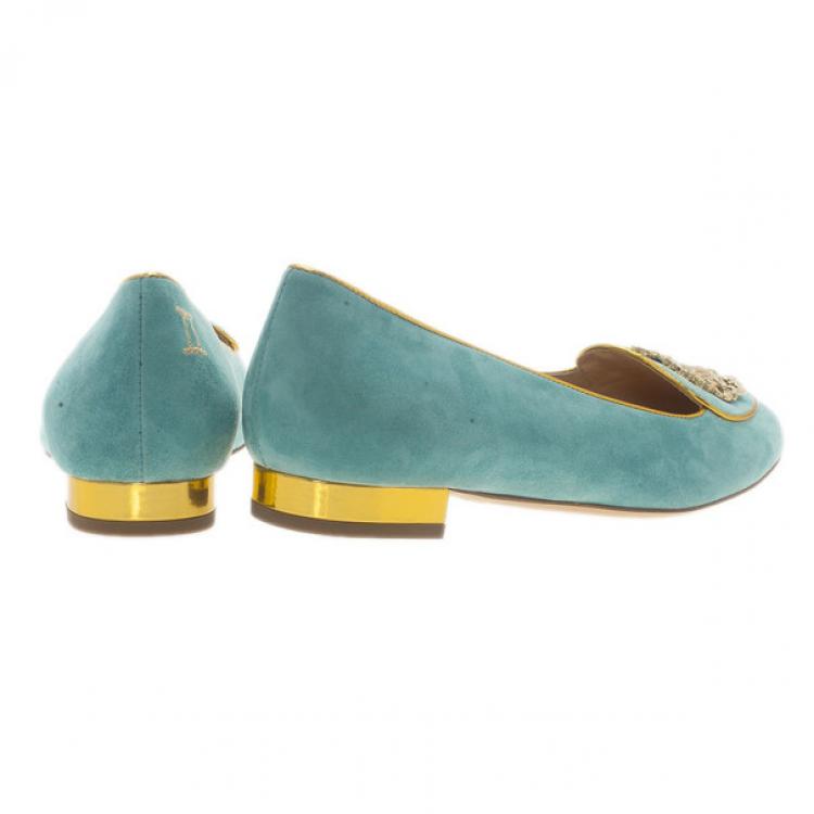 Pre Owned Charlotte Olympia Light Blue Suede Gemini Smoking Slippers Size 39.5