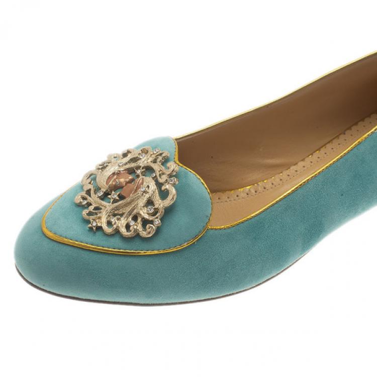 Pre Owned Charlotte Olympia Light Blue Suede Gemini Smoking Slippers Size 39.5