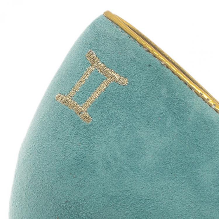 Pre Owned Charlotte Olympia Light Blue Suede Gemini Smoking Slippers Size 39.5