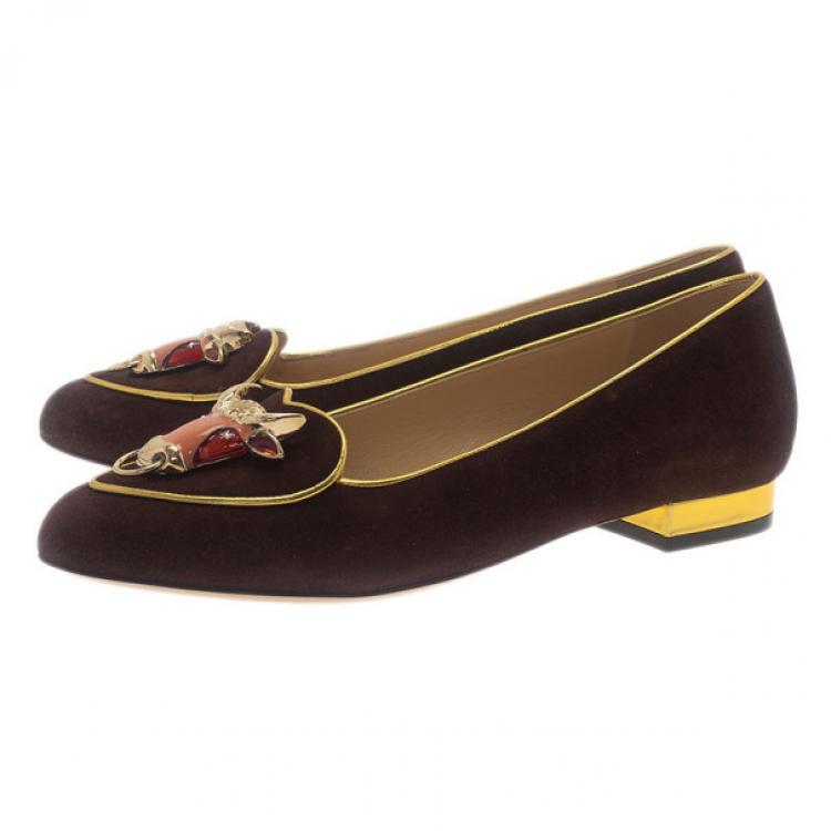Pre Owned Charlotte Olympia Brown Suede Taurus Smoking Slippers Size 37.5
