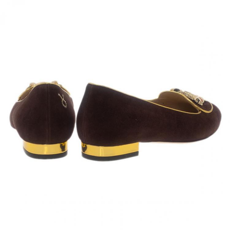 Pre Owned Charlotte Olympia Brown Suede Taurus Smoking Slippers Size 37.5