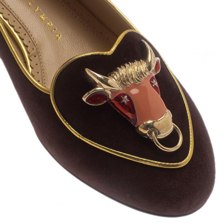 Pre Owned Charlotte Olympia Brown Suede Taurus Smoking Slippers Size 37.5