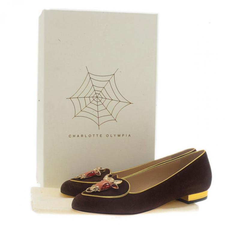 Pre Owned Charlotte Olympia Brown Suede Taurus Smoking Slippers Size 37.5