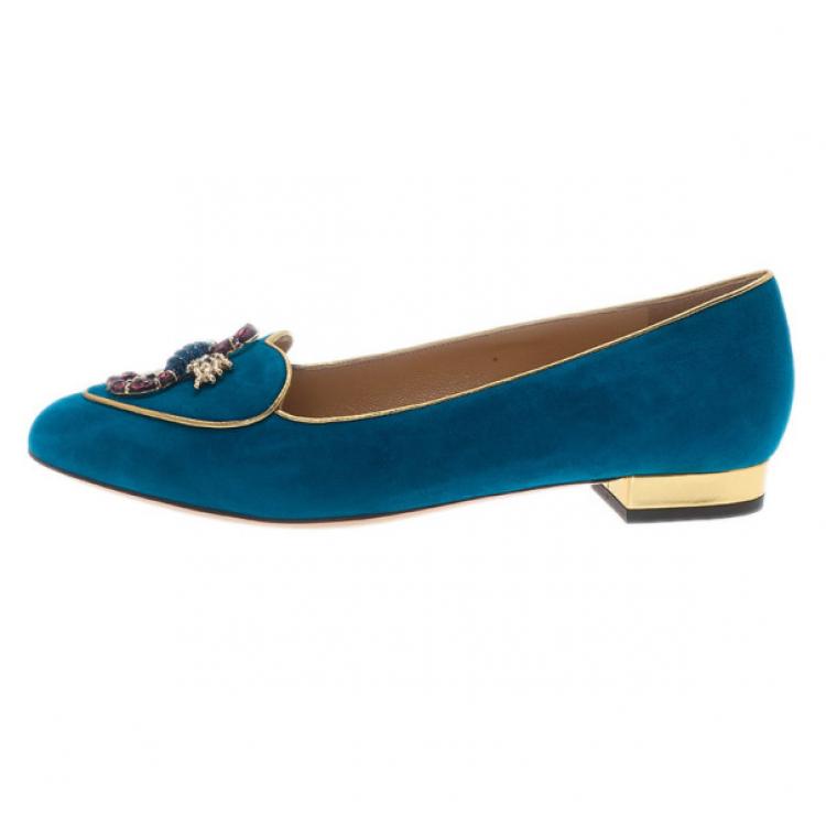 Pre Owned Charlotte Olympia Blue Suede Scorpio Smoking Slippers Size 39.5
