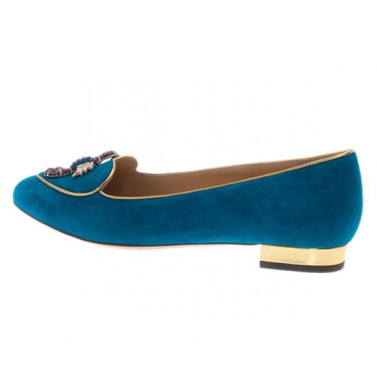 Pre Owned Charlotte Olympia Blue Suede Scorpio Smoking Slippers Size 39.5