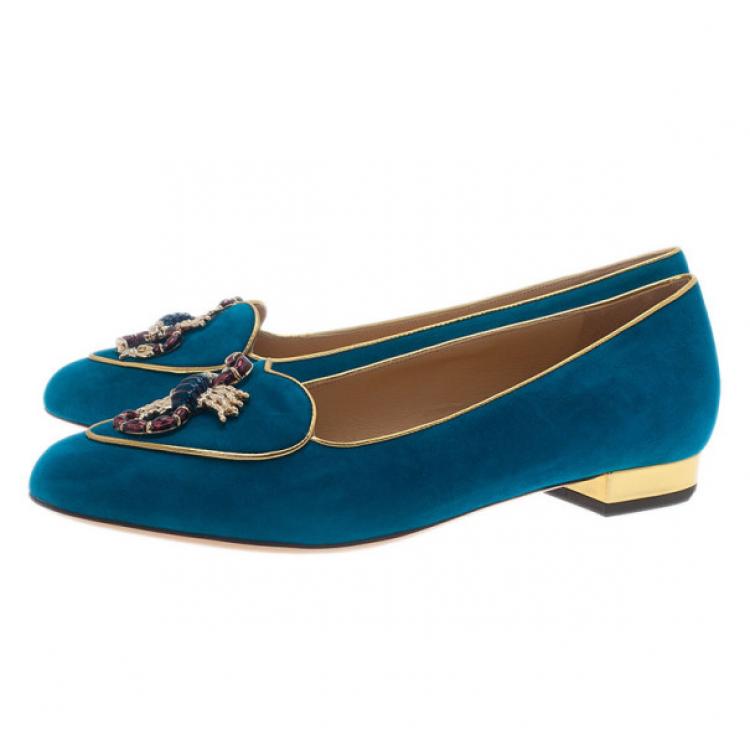 Pre Owned Charlotte Olympia Blue Suede Scorpio Smoking Slippers Size 39.5
