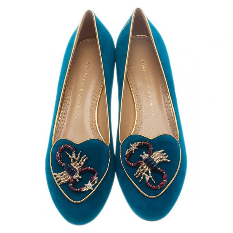 Pre Owned Charlotte Olympia Blue Suede Scorpio Smoking Slippers Size 39.5