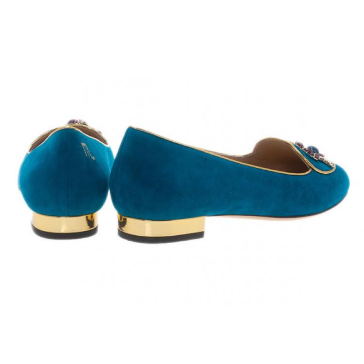 Pre Owned Charlotte Olympia Blue Suede Scorpio Smoking Slippers Size 39.5