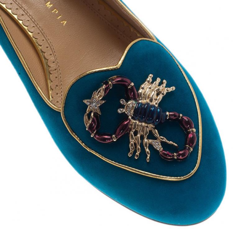 Pre Owned Charlotte Olympia Blue Suede Scorpio Smoking Slippers Size 39.5