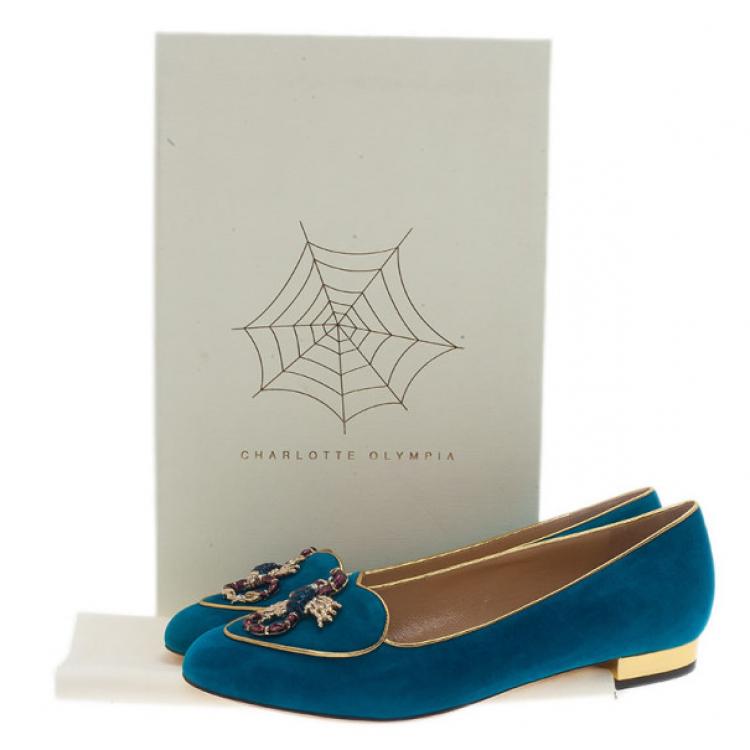 Pre Owned Charlotte Olympia Blue Suede Scorpio Smoking Slippers Size 39.5