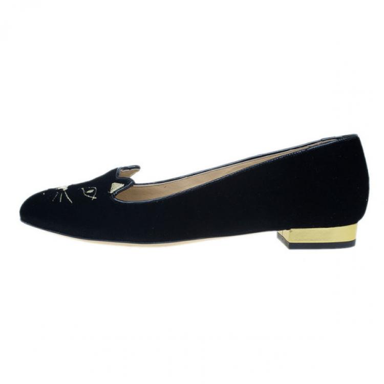 Pre Owned Charlotte Olympia Black Kitty Embroidered Velvet Flats Size 39